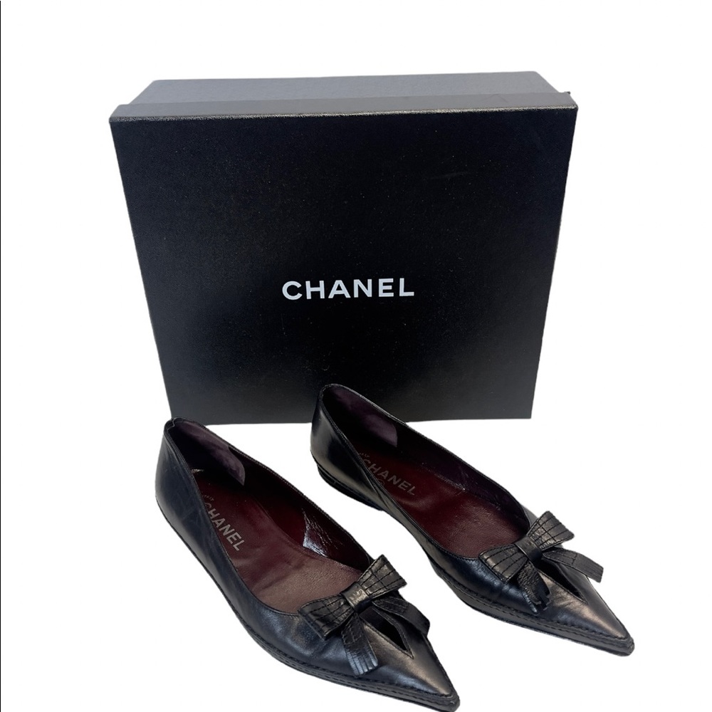 Authentic CHANEL Vintage Interlocking CC Logo Black Ballet Flats Shoes US 8.5